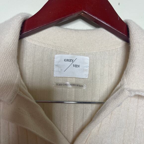 Grey Ven Emma Ribbed Polo Top Wool Cashmere in Cream Sz M - Picture 3 of 7